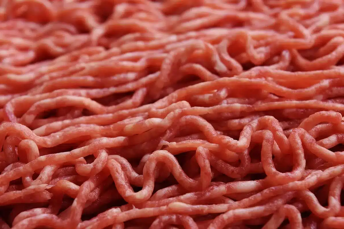 B&oelig;uf hach&eacute; en train de cuire dans une po&ecirc;le avec oignon et &eacute;pices