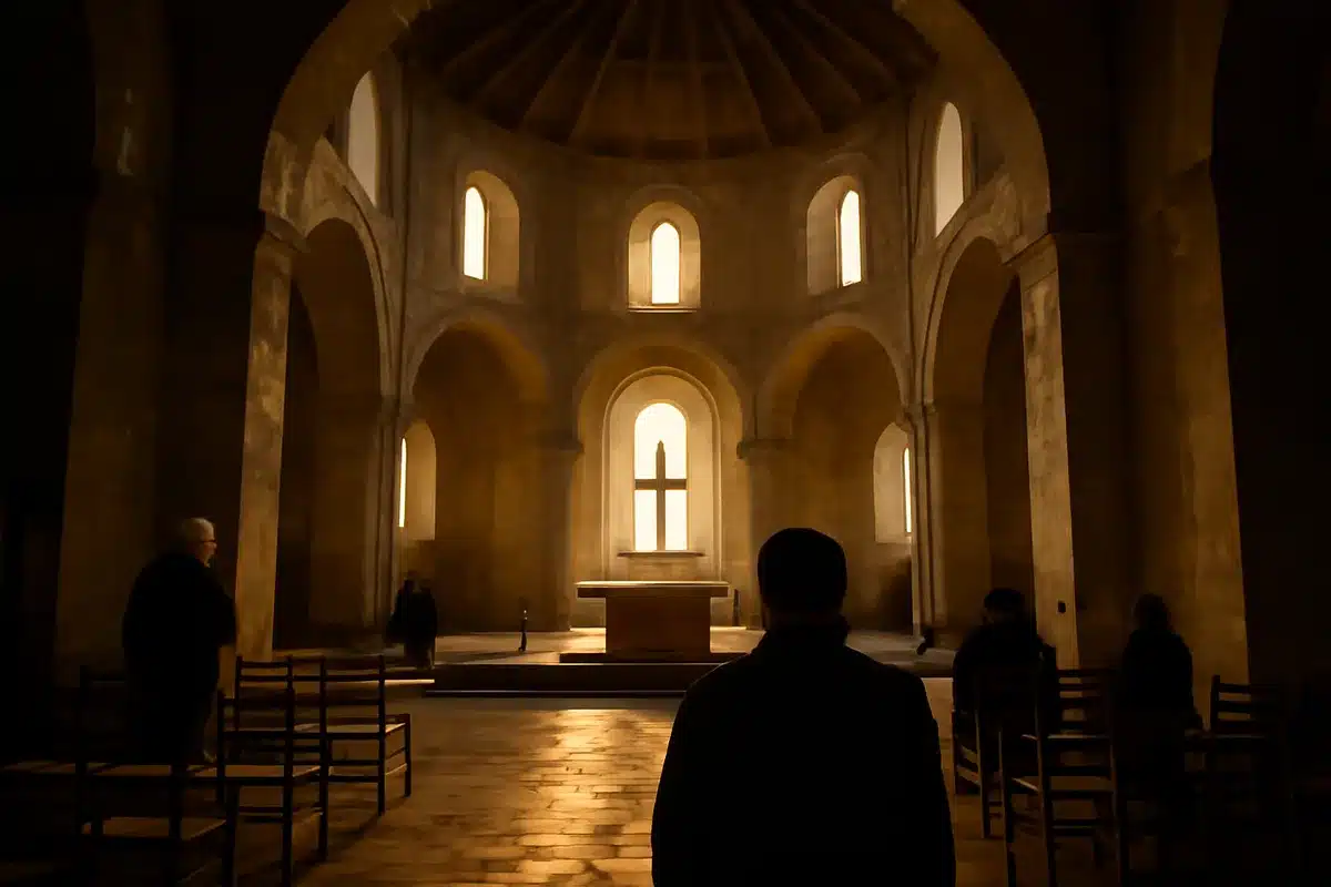 Des origines antiques à l’édifice que l’on connaît — Le site accueille un lieu de culte chrétien depuis l’Antiquité tardive. L’édifice actuel, remarquable par sa silhouette octogonale, a pris forme au tournant des XIe–XIIe siècles. Cette géométrie n’est pas qu’une solution