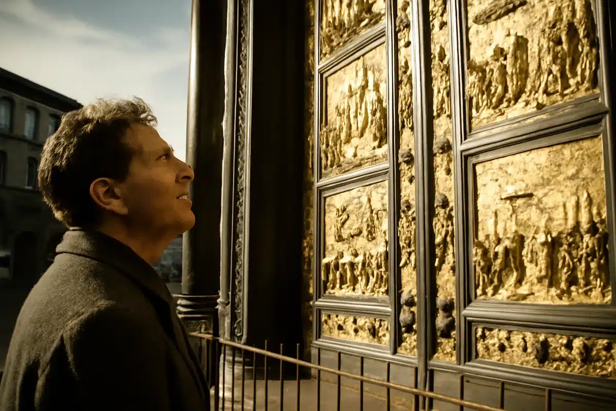 Les portes en bronze doré : œuvre et légende — Les portes qui ornent le baptistère comptent parmi les pièces les plus célèbres de la sculpture florentine. Lorenzo Ghiberti remporta le concours de 1401 — une compétition fondatrice pour la sculpture