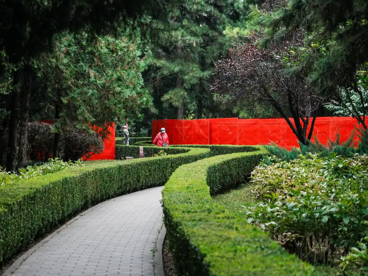 Sentier p&eacute;destre &agrave; travers un jardin botanique avec panneaux informatifs et zones ombrag&eacute;es.