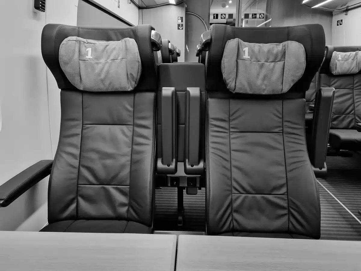 Intérieur confortable d'un train avec sièges en première classe et grandes fenêtres panoramiques