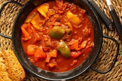 Poulet basquaise mijoté avec poivrons rouges et tomates dans une cocotte