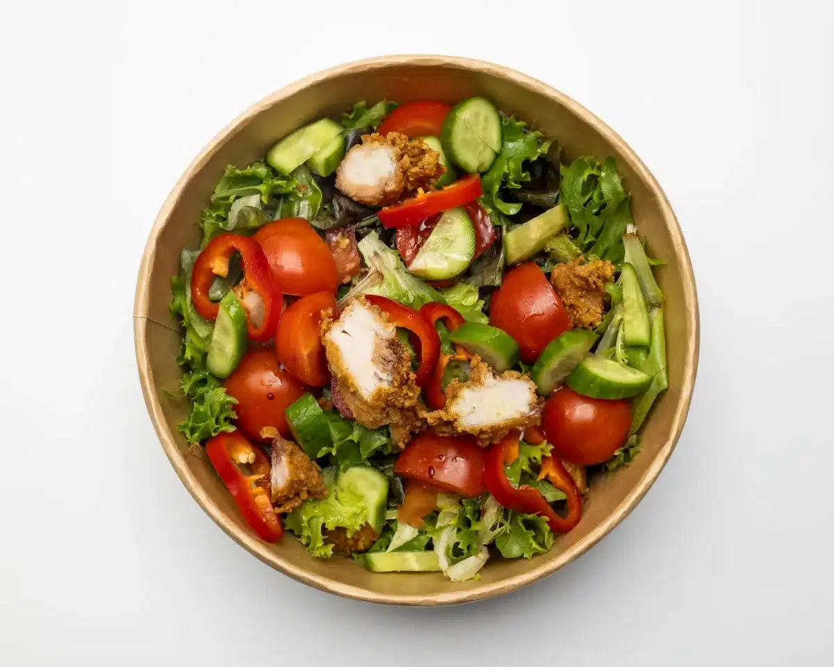 Salade composée maison avec poulet, œuf et légumes frais