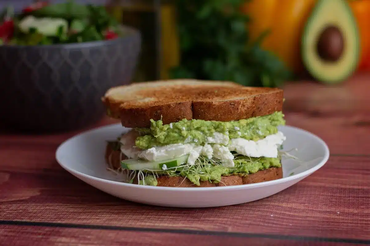 Gros plan sur une tartine montrant pain croustillant, avocat onctueux et légumes croquants